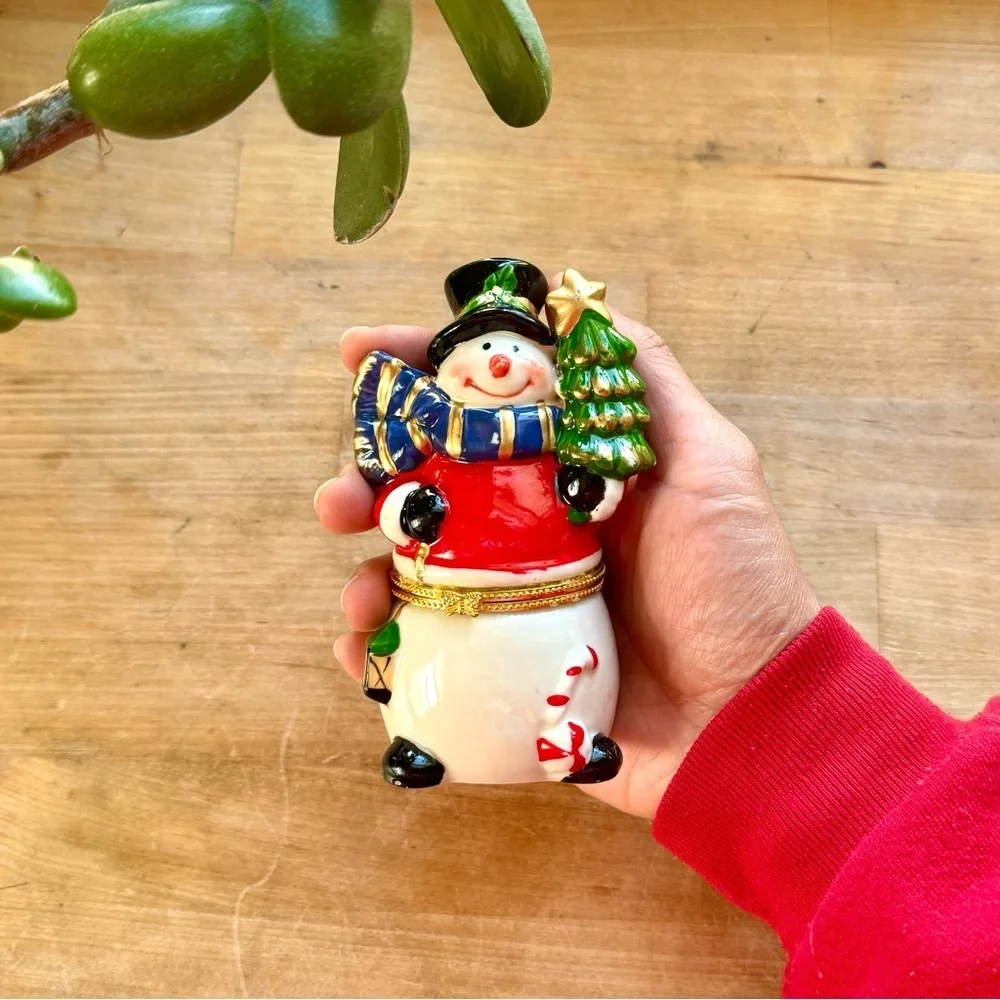 Vintage Ceramic Glazed Snowman Jewelry Trinket Box